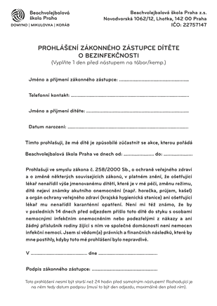 Prohlášení o bezinfekčnosti (vzor)